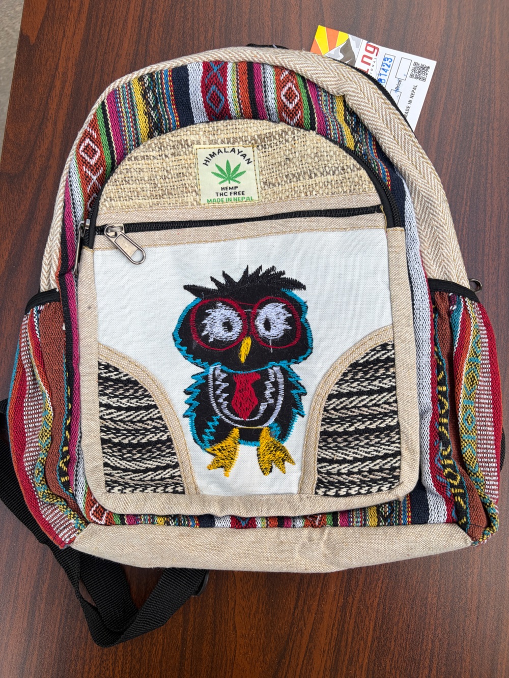 Rising International Himalayan Hemp Owl MiniBackpack Boho Nepal NWT
